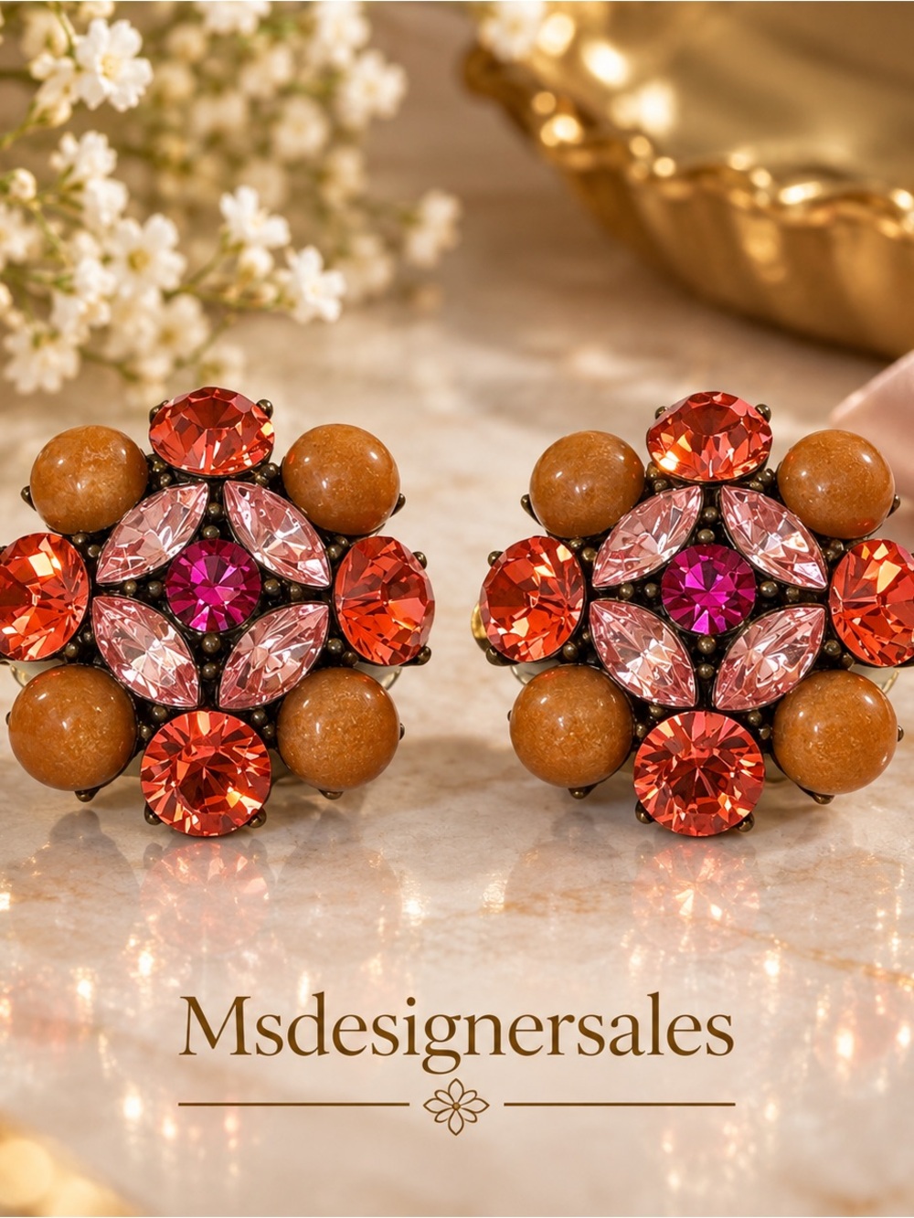 Orange and Pink Crystal Floral Stud Earrings